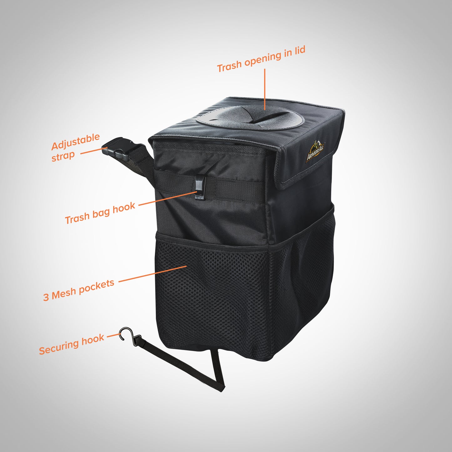 Car Trash Can & Organizer, 2.63 Gallon Waterproof Covered Garbage Bin