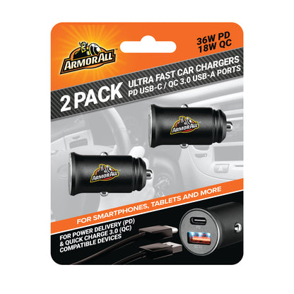 2 Pack Ultra-Fast 54W PD 18W QC Car Charger, Type C and USB A