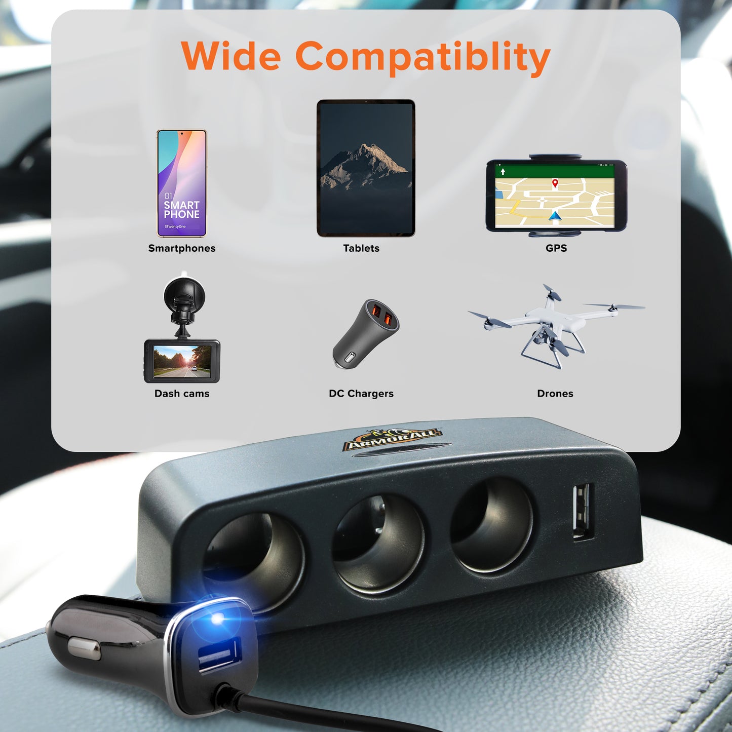 DC Power Station, Charge Up To 5 Devices, 3 12V Ports/Two USB-A Ports