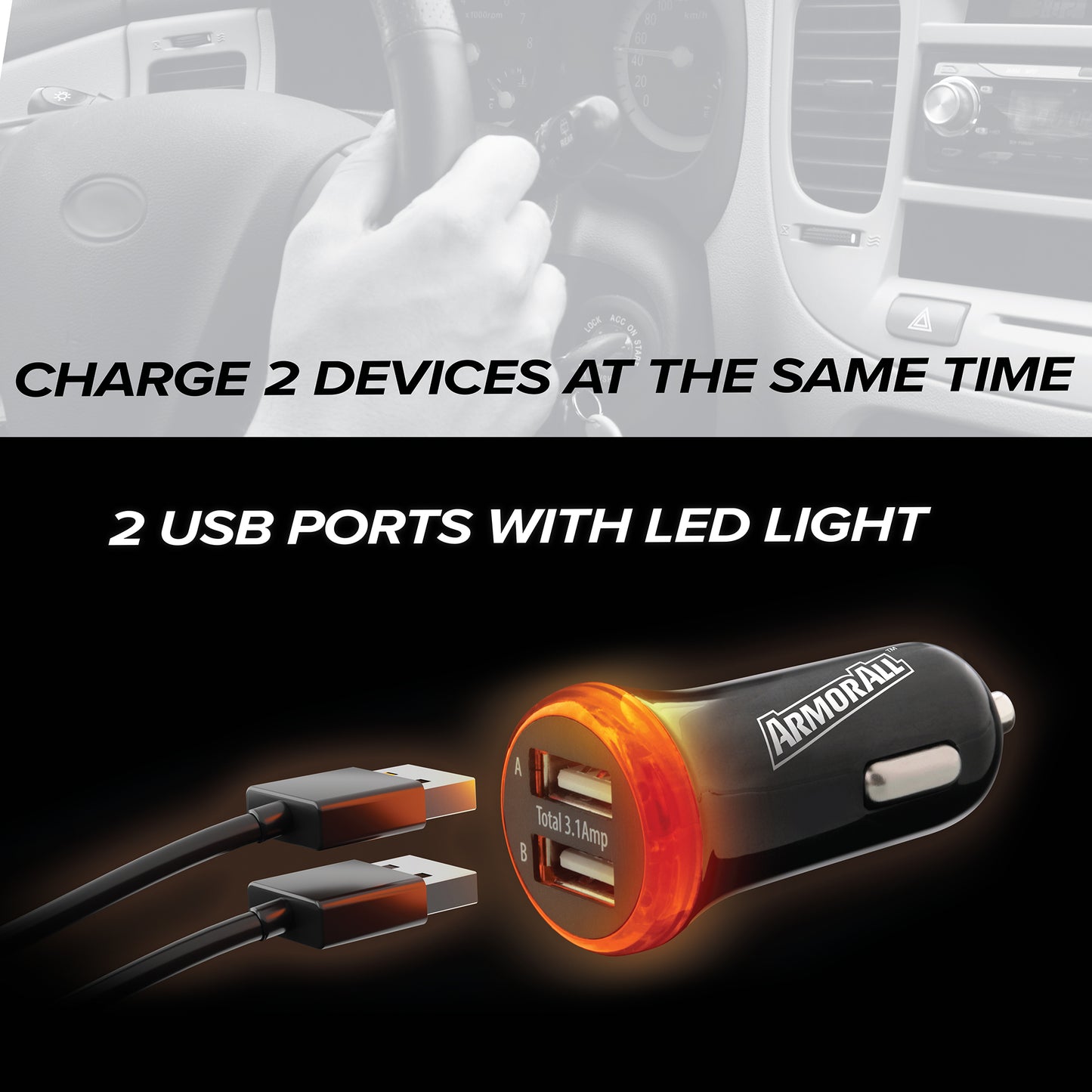 2-Port USB Car Charger, 3.1 Amp, LED Light