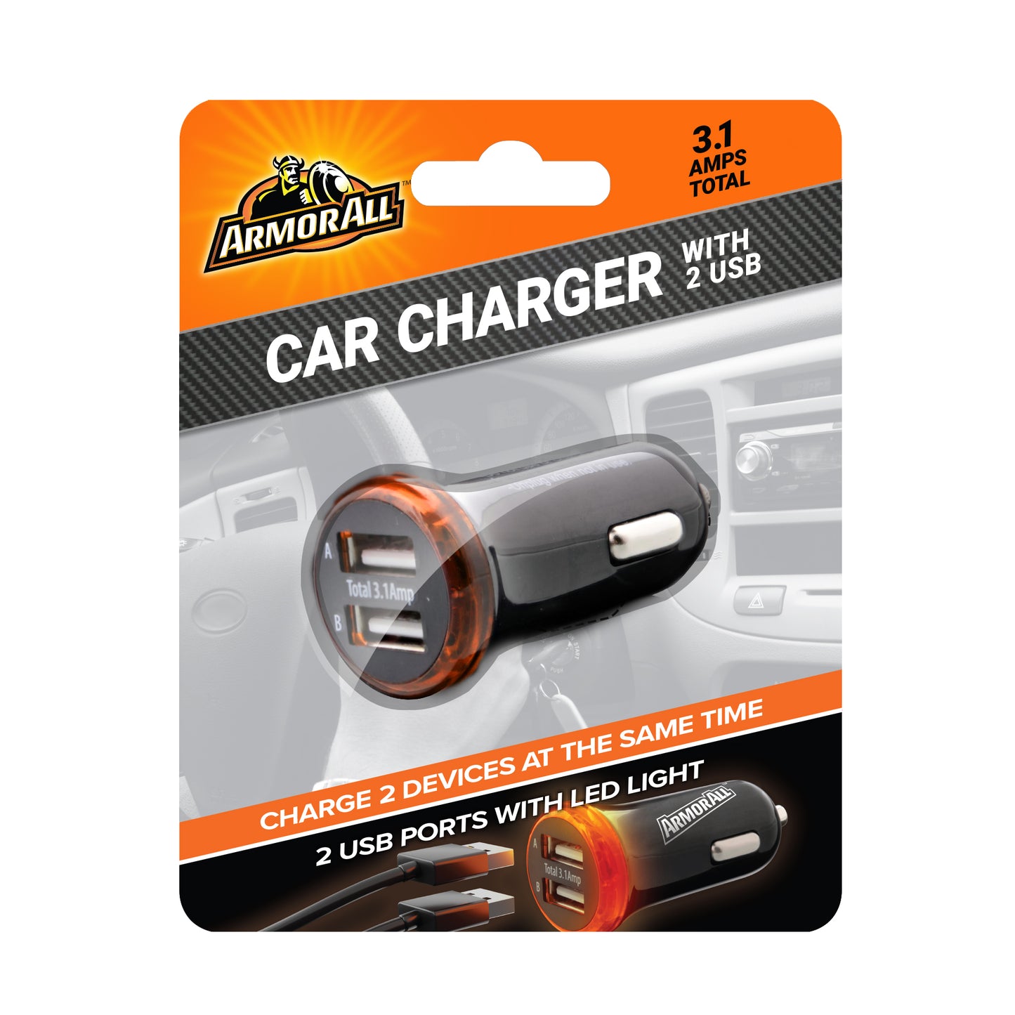 2-Port USB Car Charger, 3.1 Amp, LED Light