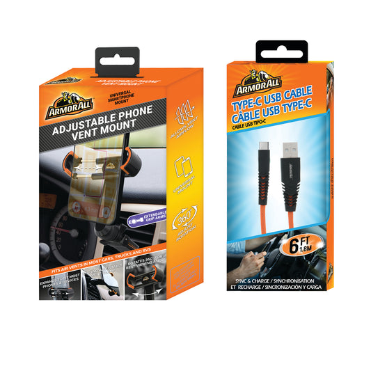 Car Phone Adjustable Mount Bundle: Vent Mount + 6ft Type C Cable