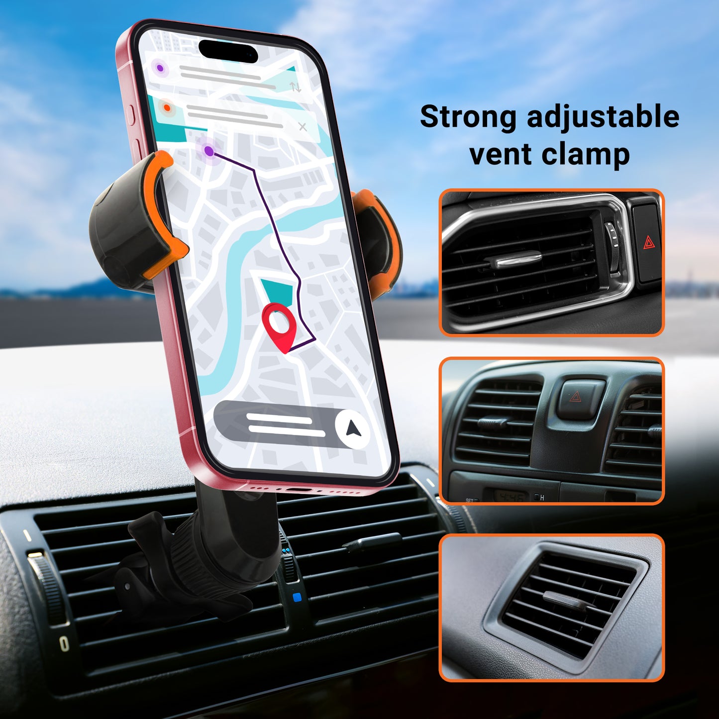 Car Phone Adjustable Mount Bundle: Vent Mount + 6ft Type C Cable