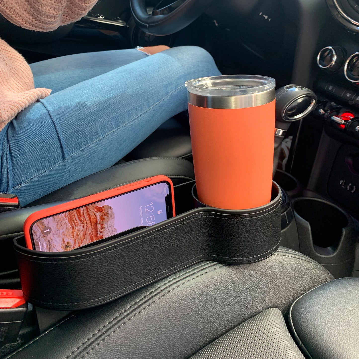 Black Car Seat Organizer, Seat Gap Pocket with Cup Holder, Holds Cups, Smartphones