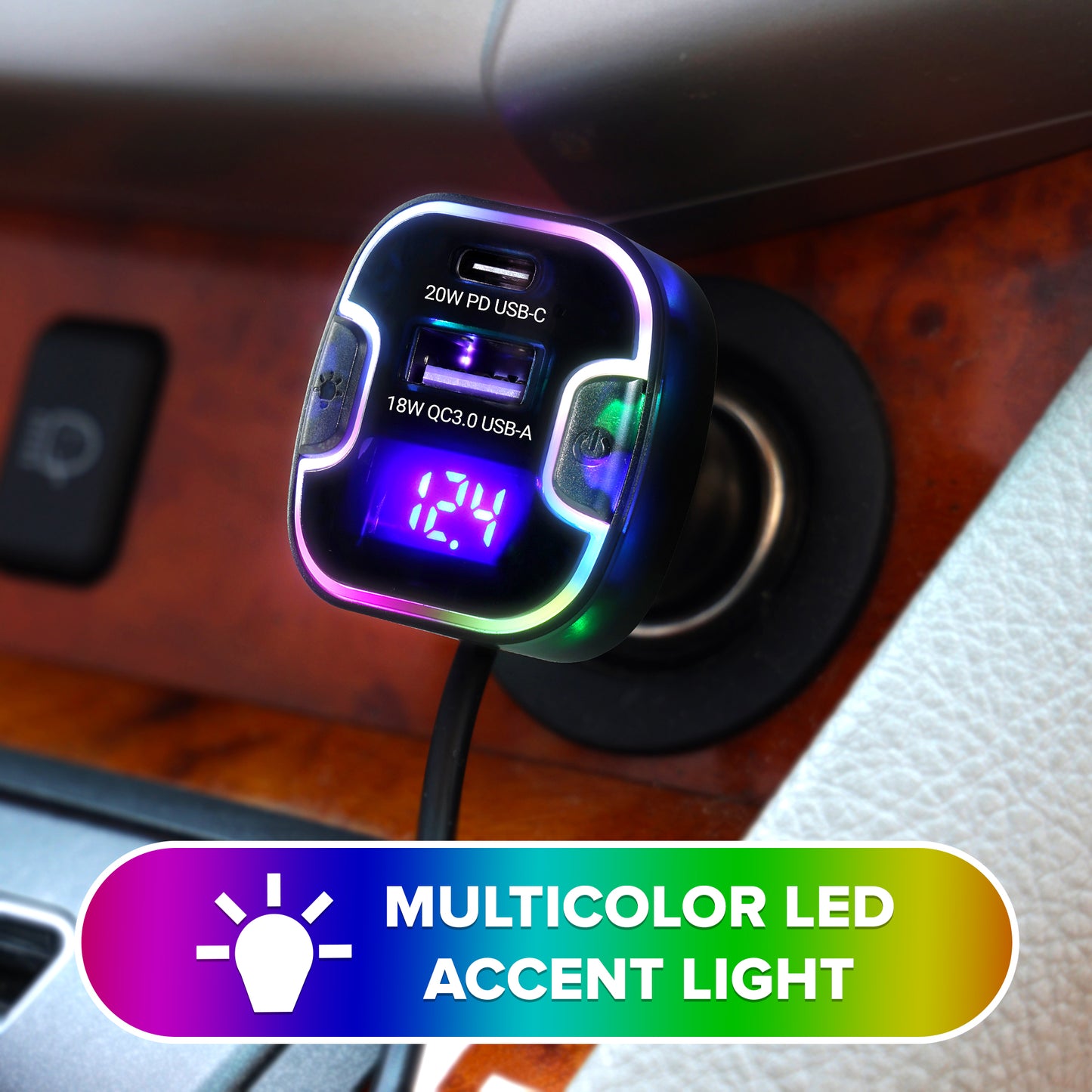 Multicolor 55W PD/QC 5-Port Car Charger with 5ft Backseat Extension - Ultra-Fast USB & USB-C Charger for All Passengers