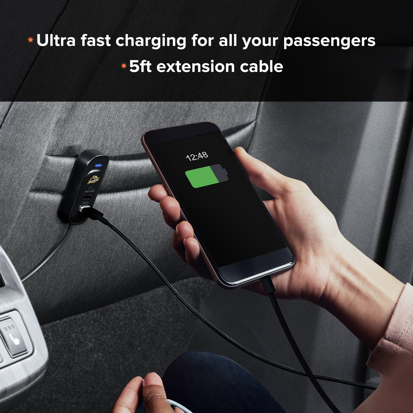 Multicolor 55W PD/QC 5-Port Car Charger with 5ft Backseat Extension - Ultra-Fast USB & USB-C Charger for All Passengers
