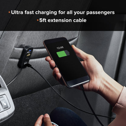 Multicolor 55W PD/QC 5-Port Car Charger with 5ft Backseat Extension - Ultra-Fast USB & USB-C Charger for All Passengers