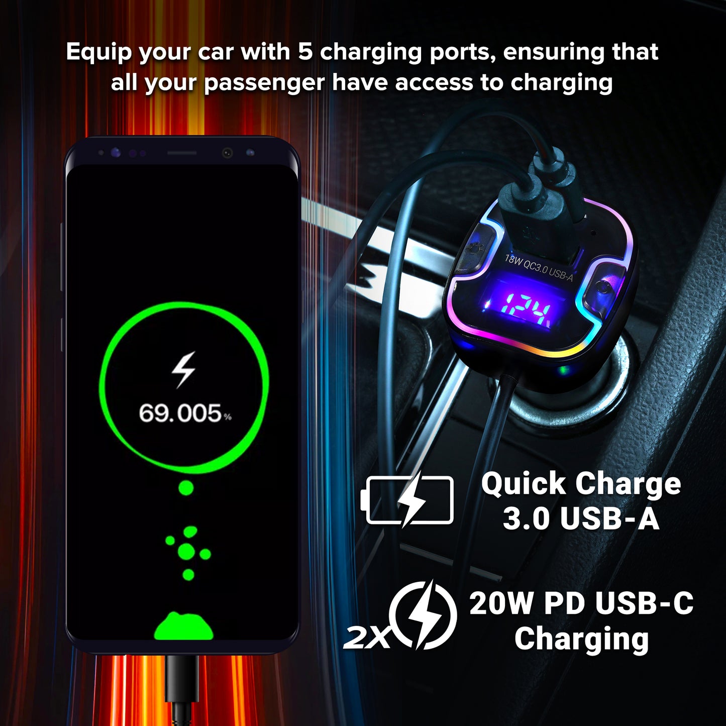 Multicolor 55W PD/QC 5-Port Car Charger with 5ft Backseat Extension - Ultra-Fast USB & USB-C Charger for All Passengers