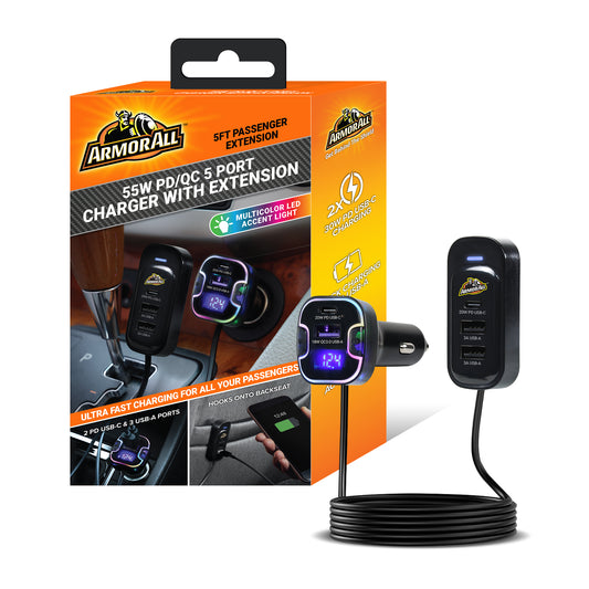 Multicolor 55W PD/QC 5-Port Car Charger with 5ft Backseat Extension - Ultra-Fast USB & USB-C Charger for All Passengers