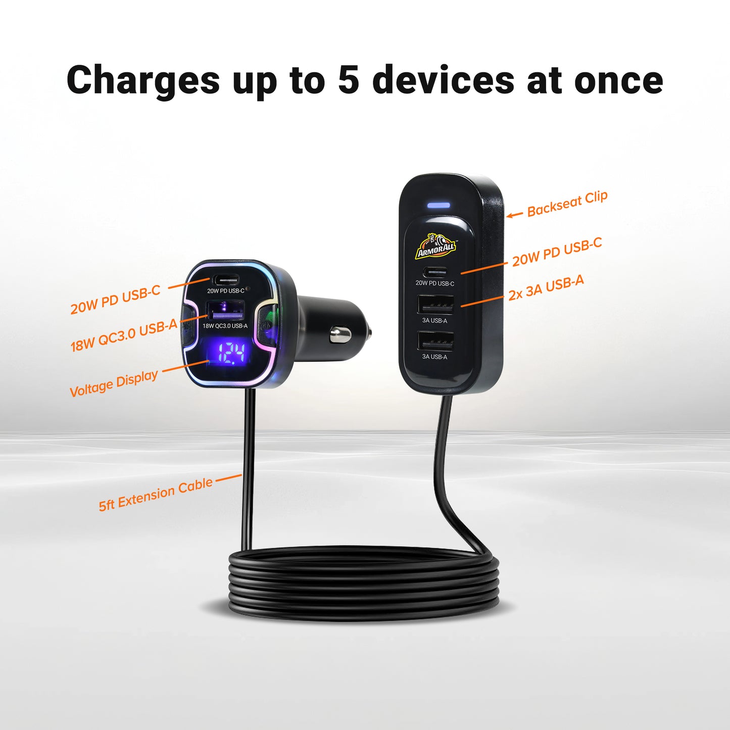 Multicolor 55W PD/QC 5-Port Car Charger with 5ft Backseat Extension - Ultra-Fast USB & USB-C Charger for All Passengers