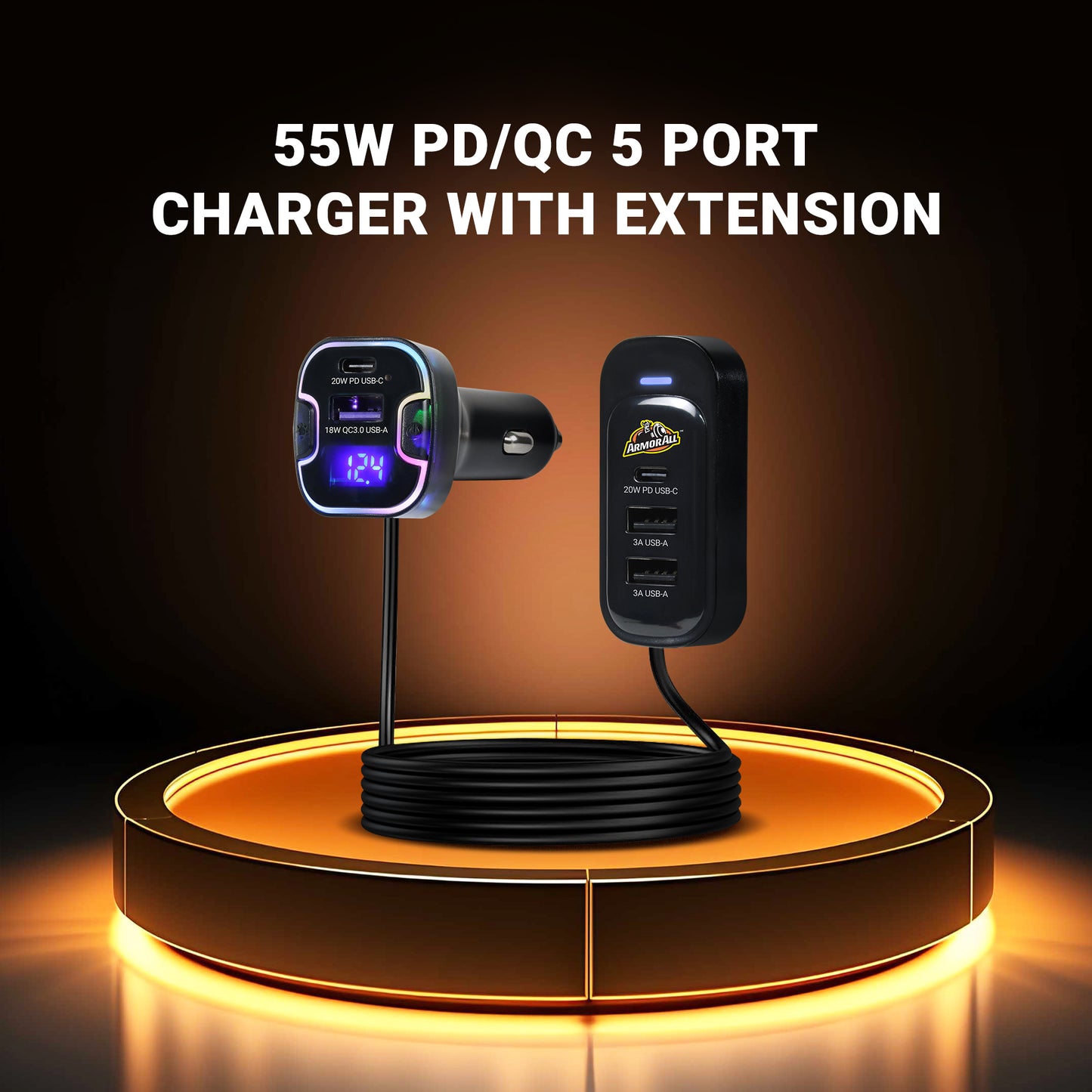 Multicolor 55W PD/QC 5-Port Car Charger with 5ft Backseat Extension - Ultra-Fast USB & USB-C Charger for All Passengers