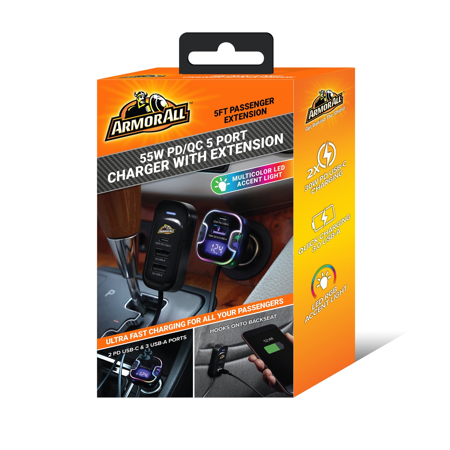 Multicolor 55W PD/QC 5-Port Car Charger with 5ft Backseat Extension - Ultra-Fast USB & USB-C Charger for All Passengers