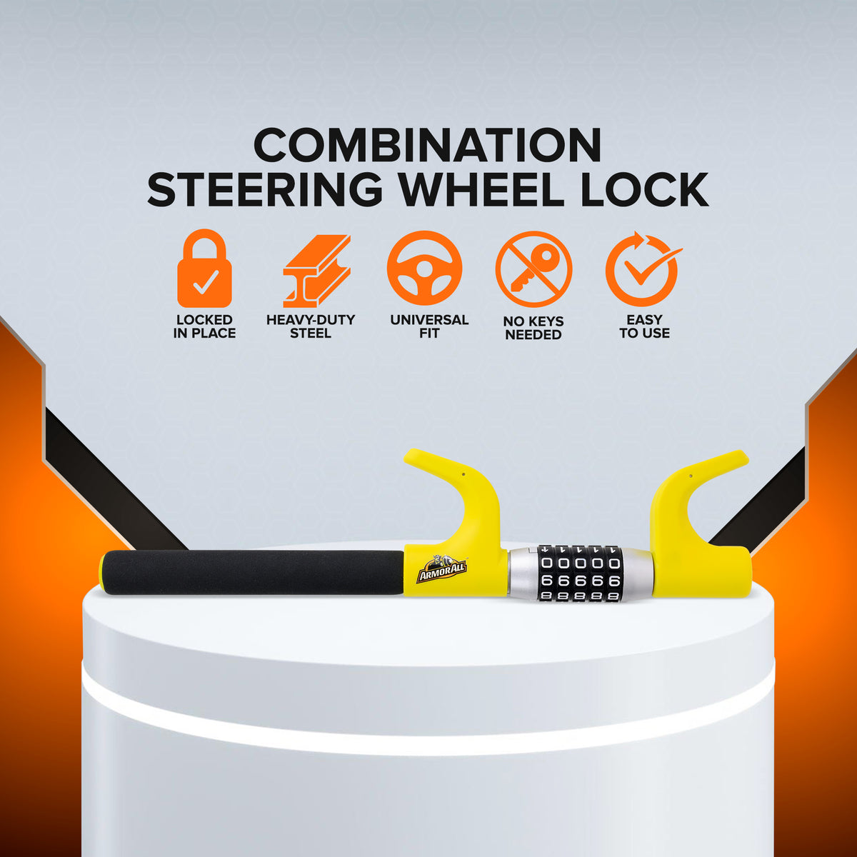 Armor All Combination Steering Wheel Lock, Keyless 5-Digit Anti-Theft Car Security Bar, Universal Fit for Cars