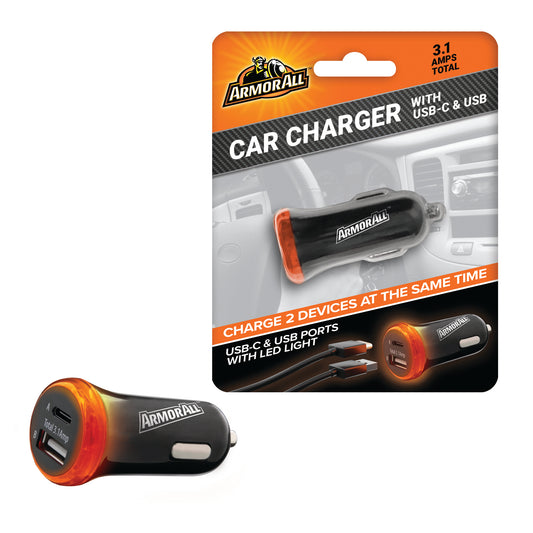 2-Port Type-C and USB-A Car Charger, 3.1 Amp, LED Light
