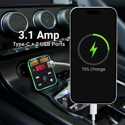 Bluetooth FM Transmitter and Car Charger, 3.4Amp Type-C and Dual USBA Ports