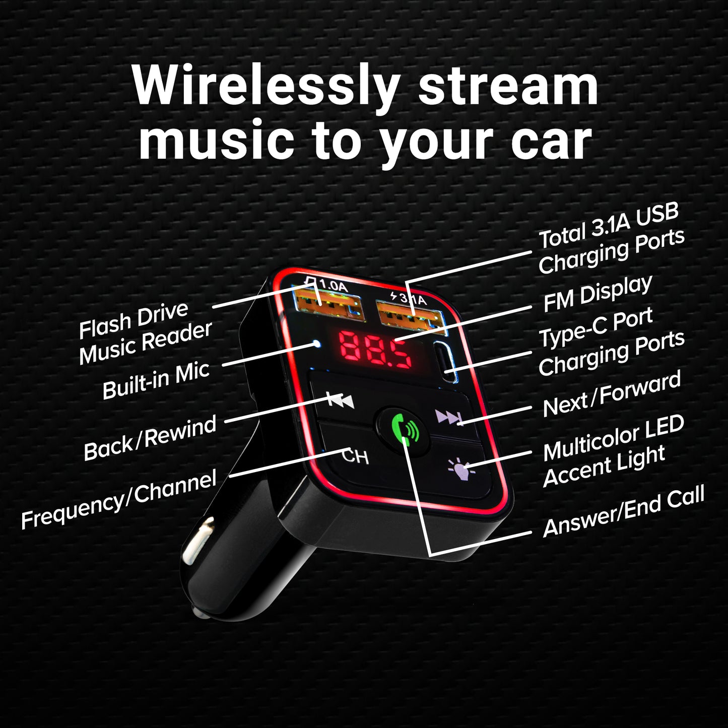 Bluetooth FM Transmitter and Car Charger, 3.4Amp Type-C and Dual USBA Ports