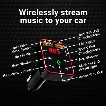 Bluetooth FM Transmitter and Car Charger, 3.4Amp Type-C and Dual USBA Ports