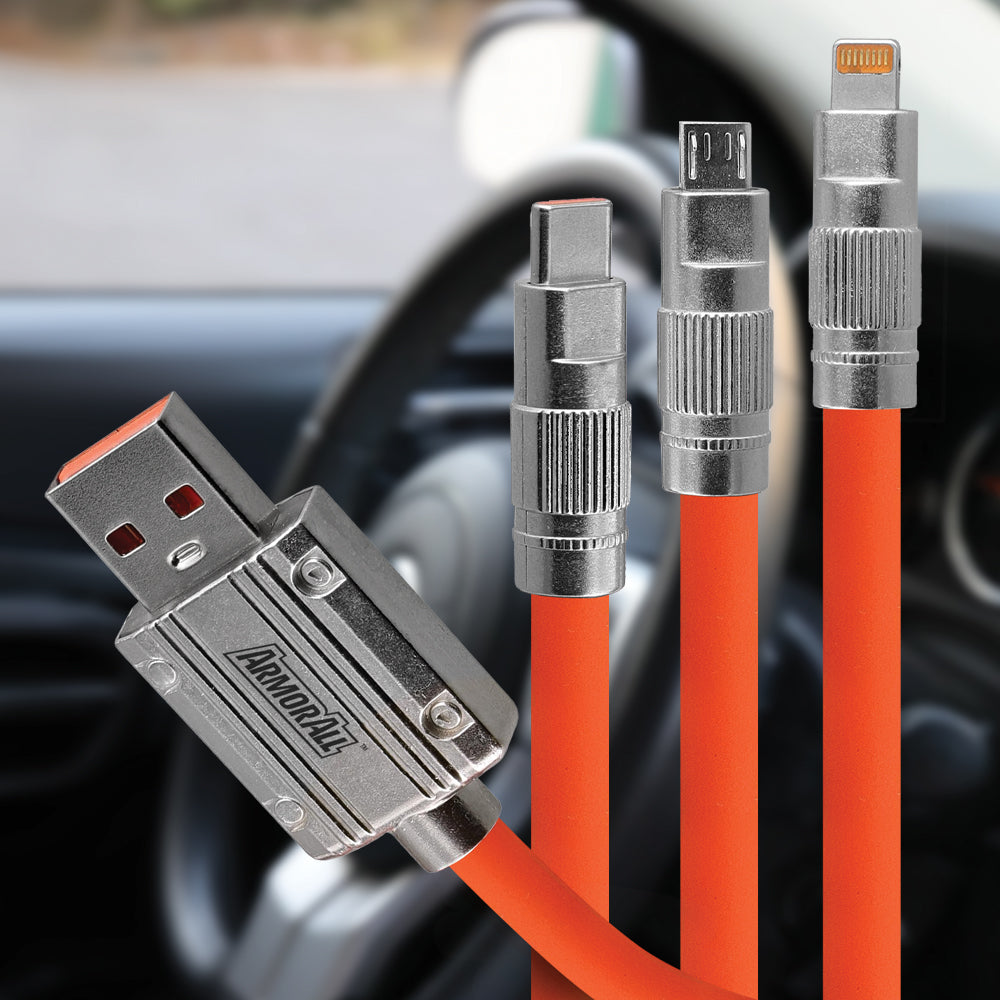 6FT Rugged 3-in-1 USBA Cable, Micro-USB, USB-C, & 8PIN, Mobile Device Charging