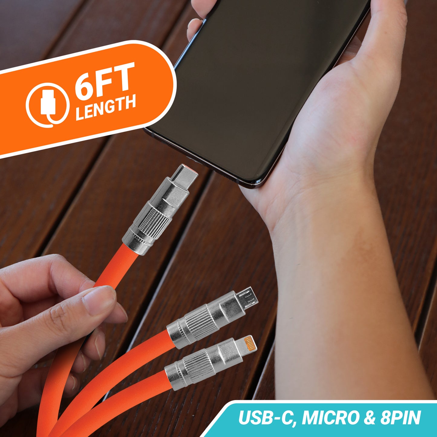 6FT Rugged 3-in-1 USBA Cable, Micro-USB, USB-C, & 8PIN, Mobile Device Charging