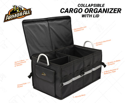 Heavy Duty Collapsible Aluminum Handle Trunk Organizer, Car Trunk Cargo Storage, 3 Compartments, Non-Slip Base