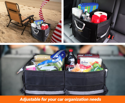 Heavy Duty Collapsible Aluminum Handle Trunk Organizer, Car Trunk Cargo Storage, 3 Compartments, Non-Slip Base