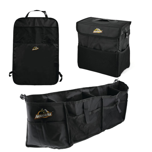 3 Piece Car Organizer and Storage Bundle Truck Organizer, Back Seat Mat, and Garbage Bin