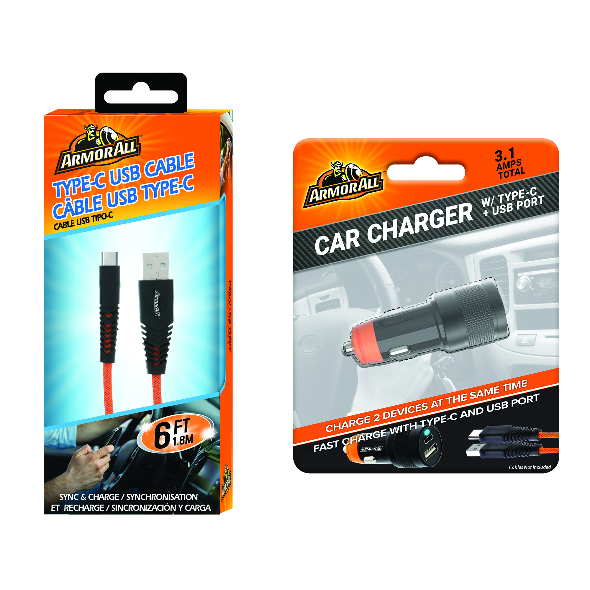 6ft Type C Charge Cable and 3.1 AMP 2 Port USB and Type-C Adapter Bundle -  Armor All